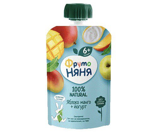 Фруто Няня пюре сошет, яблоко, манго + йогурт, с 6+ месяцев, 90 г.